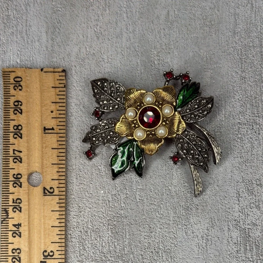 Vintage AVON Floral Brooch Earrings Set Gold Silver Tone Red Rhinestone Enamel